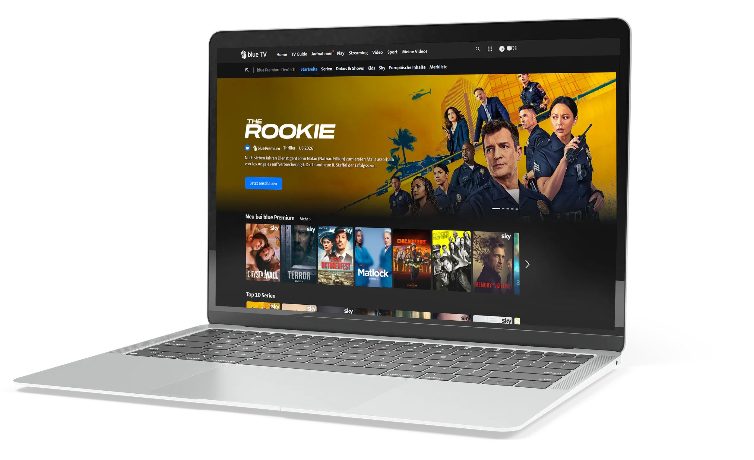 Laptop mit der blue TV Weboberfläche und blue Premium avec CANAL+ Serien-Übersicht