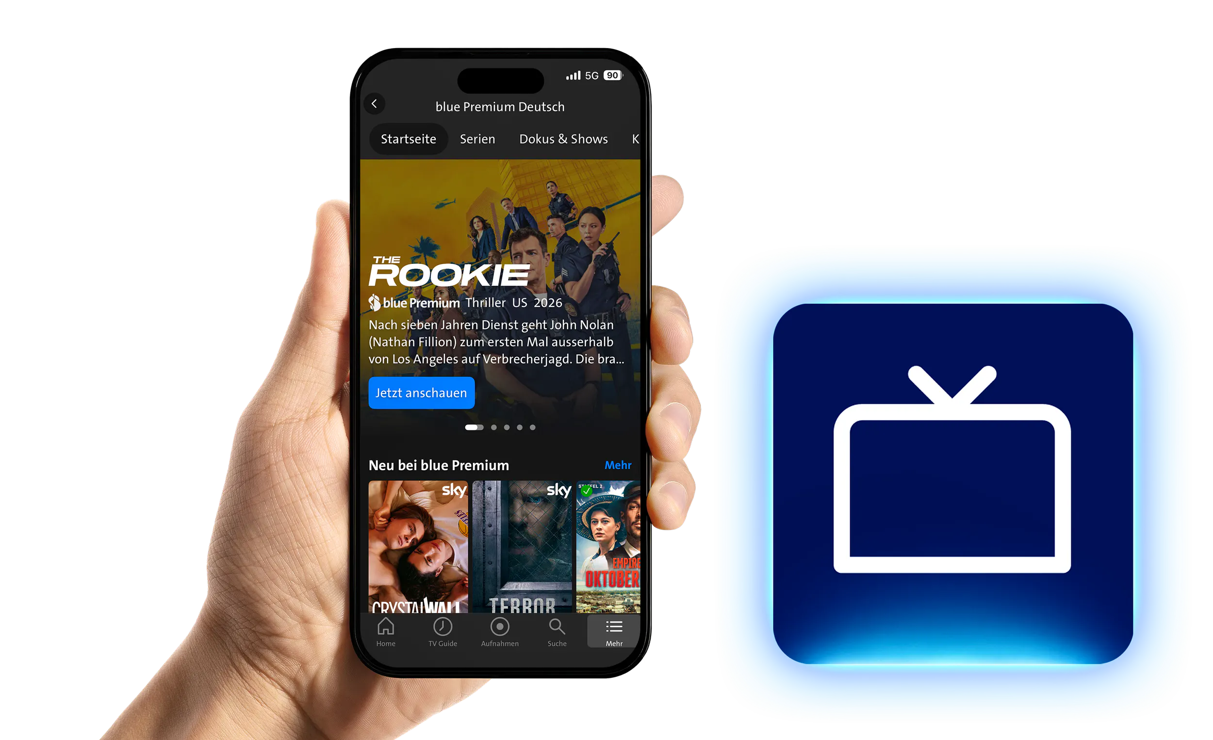 Hand hält Smartphone mit der blue TV App und blue Premium avec CANAL+ Serien-Übersicht – daneben das blue TV App-Icon