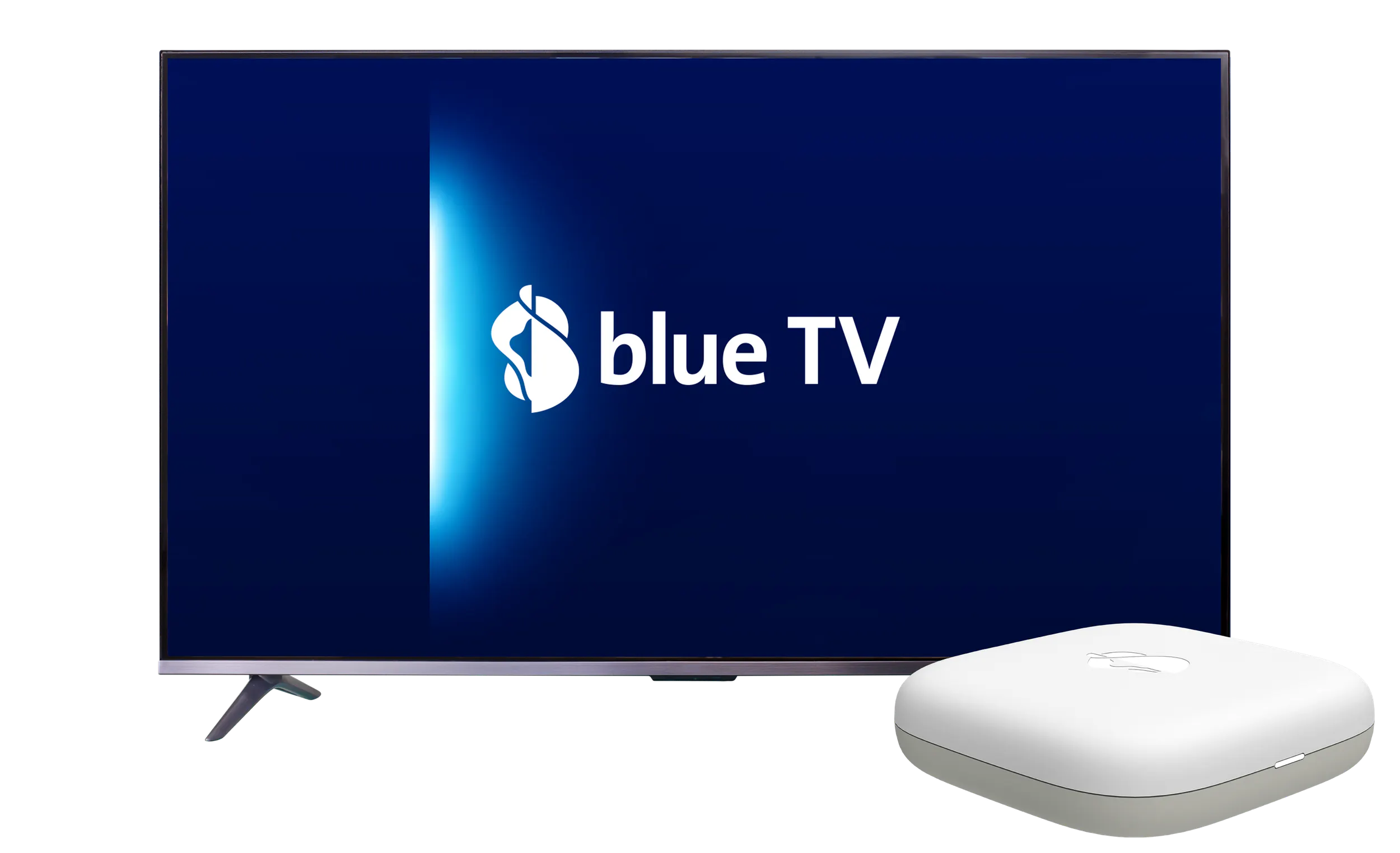 Fernseher mit blue TV Logo und Swisscom TV-Box