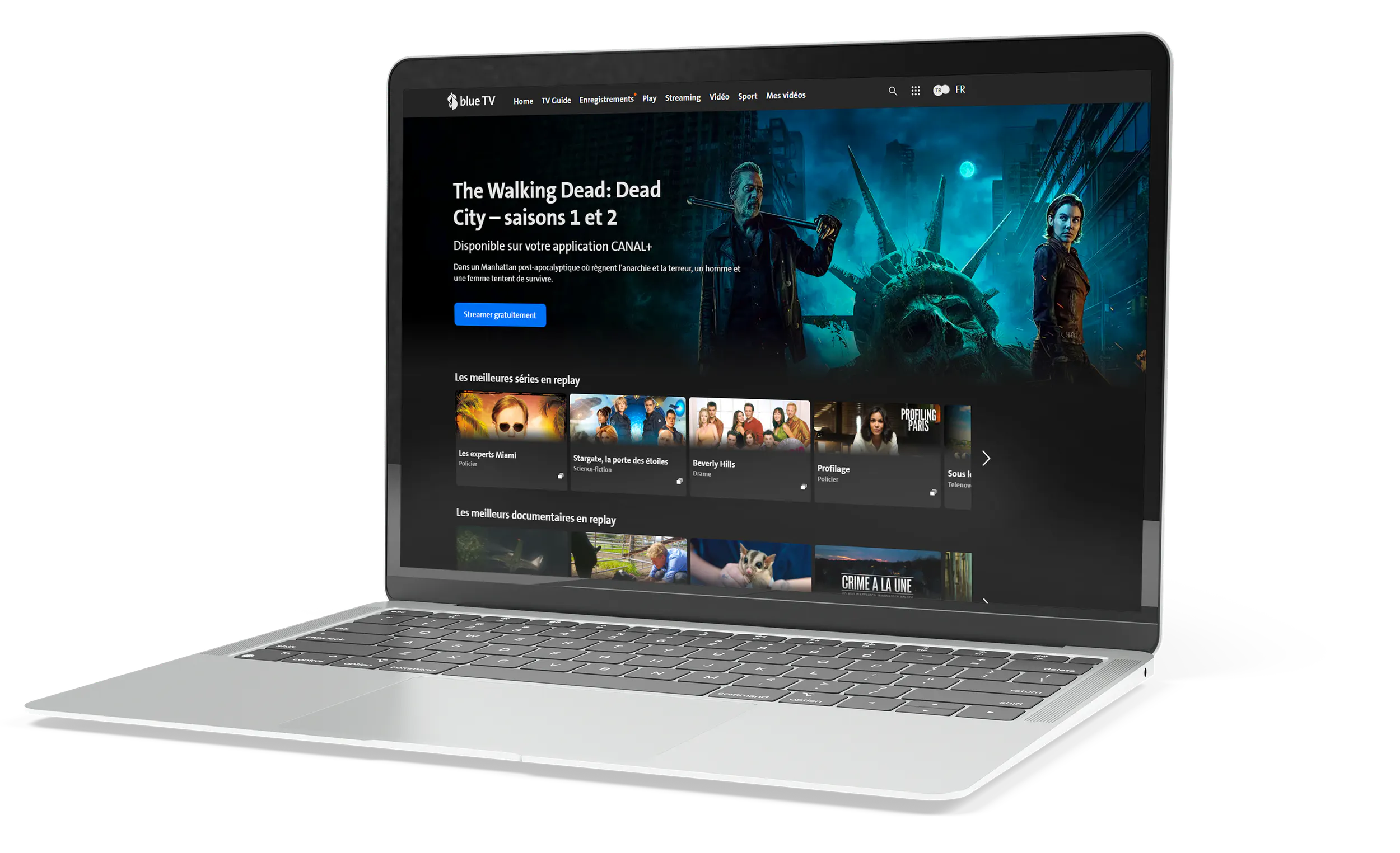 Ordinateur portable affichant l'interface web blue TV avec un aperçu de séries blue Premium